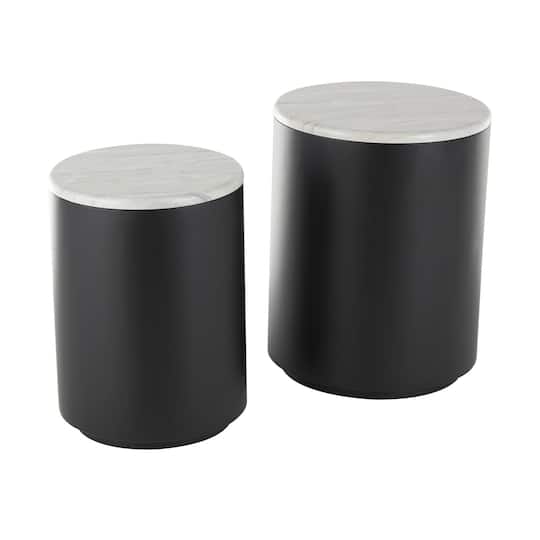 Black Metal Nesting Accent Table with Faux White Marble Top Set